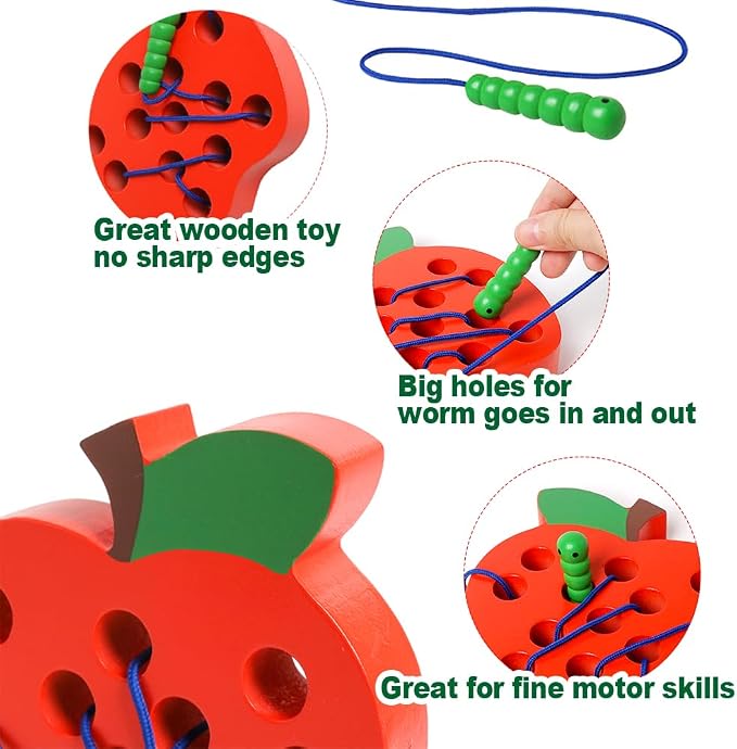 Lacing Toys for Kids,Wooden Threading Apple Travel Toys,Montessori Education Sensory Learning Fine Motor Skills, Wooden Block Puzzle Gifts for 3 Year Old Kids Boys Girls