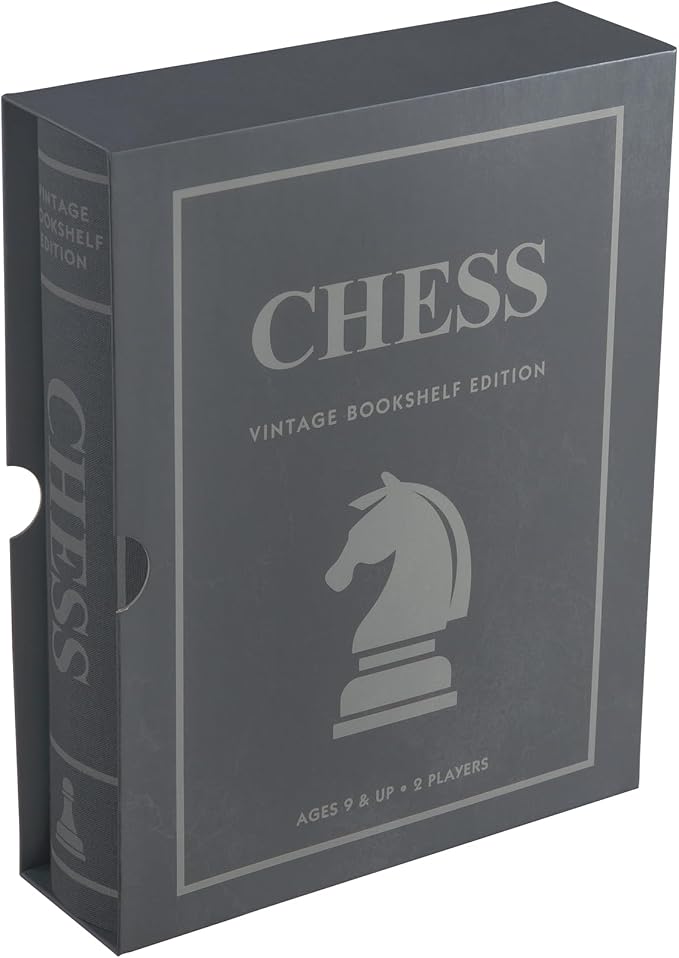 WS Game Company Chess Vintage Bookshelf Edition Board Game with Wood Pieces | Classic 2-Player Strategy Game, Linen-Wrapped Book Box, Integrated Storage, Full-Size Folding Board, Adults and Kids 9 and Up