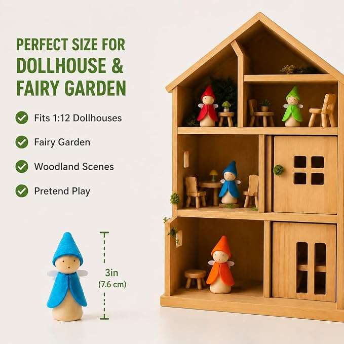 6 PCS Wooden Dollhouse People, Wooden Peg Dolls | Fairy Elf Figures for Kids, Montessori Waldorf Wooden Dolls for Fairy Garden & Dollhouse Accessories, Ages 3+