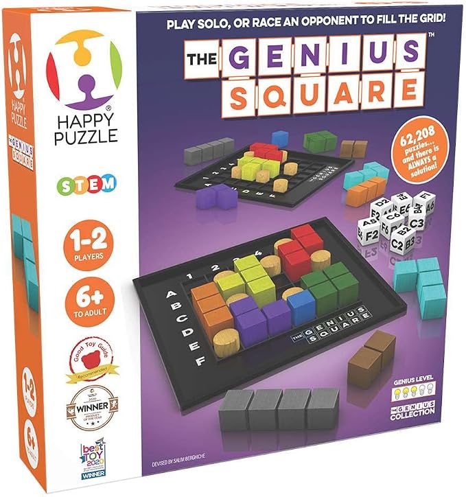 The Genius Square from the Happy Puzzle Company | Game of the Year Award Winner | 60000+ Solutions | STEM Puzzle Game for 1-2 Players | Ages 6 - Adult | Roll the dice and Race to Fill the Grid!