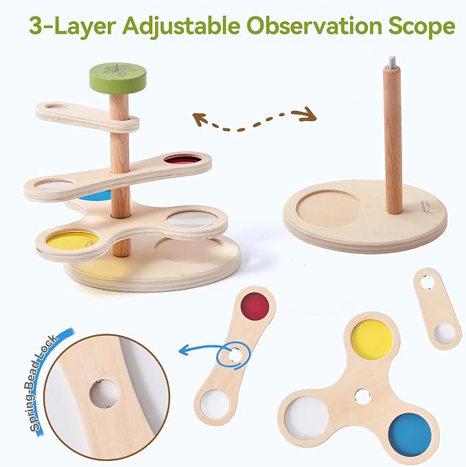 Insect Observation Kit for Kids, Multi-Magnification Rotating Viewer with Color Filters, Wooden STEM Nature Exploration Science Toy with Tweezers, Petri Dish and 6 Insect Models, Gift for Ages 4-8