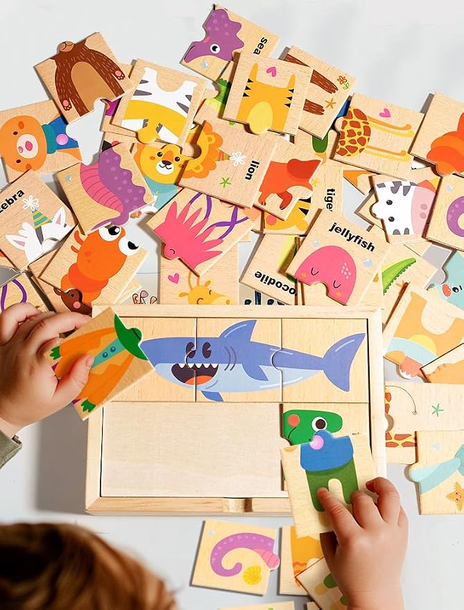 Montessori Wooden Animal Puzzle Toy Ages 3+, 48pc Matching Game with Box