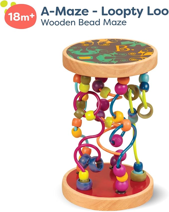 B. toys Loopty Loo Bead Maze Wooden Rolling Toy, 47 Beads, 5 Routes | Classic wooden wire maze with 47 beads on 5 routes for grasping, sliding, flipping, and rolling play, Wood Toys, 18+ Months