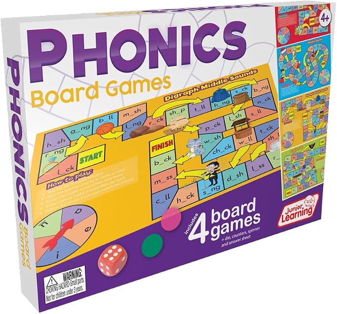 Junior Learning Phonics Board Games Set, 6 Counters, Ages 4-5, Language Skills, Pre K-K, Medium