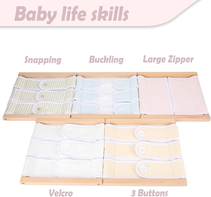Montessori Wooden Toys for Dressing Learning Board Learning Basic Dressing Skills - Buttons, Snaps, Zippers, Belt Buckles Toys for 1 2 3 Year Old Toddlers Sensory Toy Gifts(Zipper Clothing)