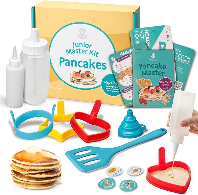 Kids Pancake Making Kit | Learn to Cook Breakfast | Ages 5-12 | Breakfast Making Kit | Pancake Molds Batter Squeeze Bottle | Family Fun DIY | Visual Recipes | Birthday Christmas Gift