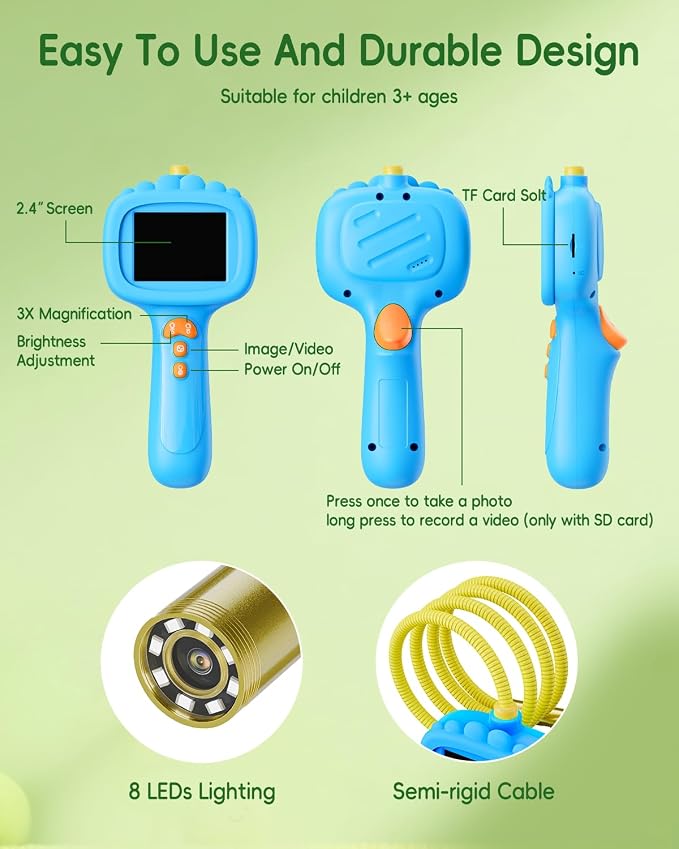 Borescope Snake Camera with Light for Kids, Outdoor Educational STEM Toys, Science Gifts for 5 Year Old Boy, Camping Nature Activities, Best Birthday Gift for Boys, Girls Ages 4,5,6,7,8,9,10(Blue)