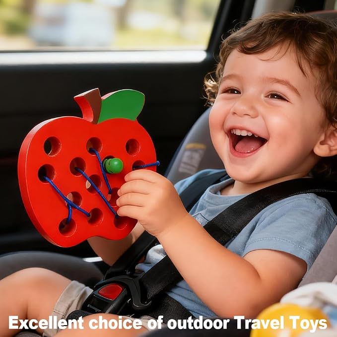 Lacing Toys for Kids,Wooden Threading Apple Travel Toys,Montessori Education Sensory Learning Fine Motor Skills, Wooden Block Puzzle Gifts for 3 Year Old Kids Boys Girls