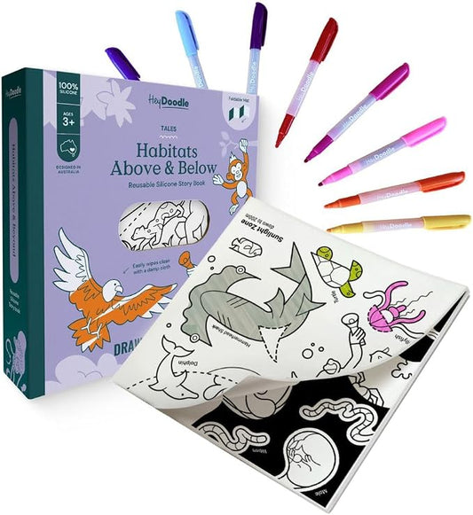 Tales Foldout Book - Reusable Silicone Coloring Books for Kids Ages 3-7 with Flip Pages & Educational Themes - Coloring Kit Includes 12 Markers & Keepsake Box