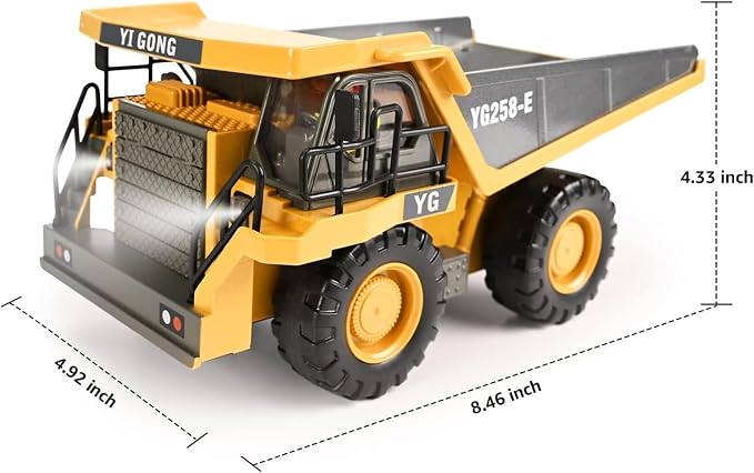 KidsFaves RC Dump Truck, 9CH Remote Control Dump Truck with Metal Dump Bed, 45° Lifting & 360° Rotation, 2 Batteries, Lights & Sounds, Construction Toy for Boys Age 3+