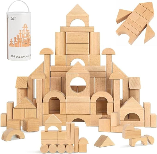 100 Pcs Wooden Blocks for Toddlers 1-3, Kids Building Blocks & Shape Sorter | Natural Beech Wood - Bucket for Easy Storage - Montessori Toys for 1 2 3 Year Old, Learning Toys for Preschool Girls and Boys