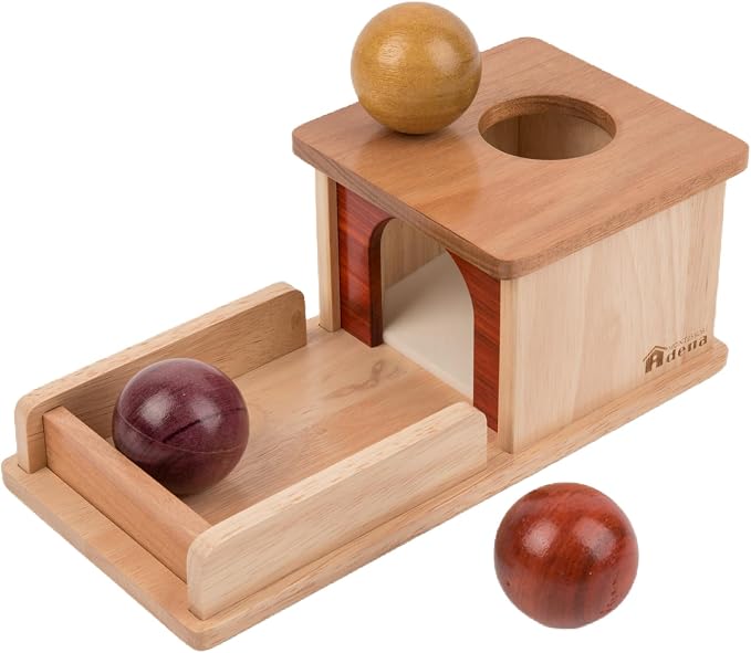 Adena Montessori Object Permanence Box for 6-12 Month Baby 3 Balls, Wooden Baby Toy in Natural Wood Tones, Real Wood Montessori Learning Toy for Toddler 1 Year Old, Sensory Developmental Gift