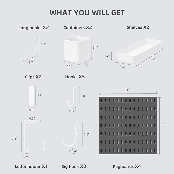 VUSIGN Pegboard Combination Wall Organizer Kit 22" x 22", Black | 4 Pieces Pegboards and 17 Accessories, Wall Mount Display Peg board Panel Kits for Bedroom, Home, Office, Bathroom