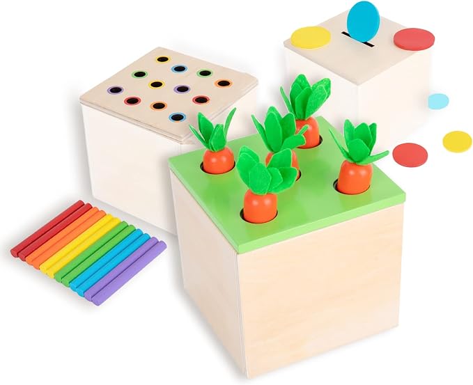 Adena Montessori 3 in 1 Wooden Play Kit for Babies 6-12 Months | Color drop, carrot harvest, coin box boost motor, logic and color sorting. Bright wood for toddlers independent play.