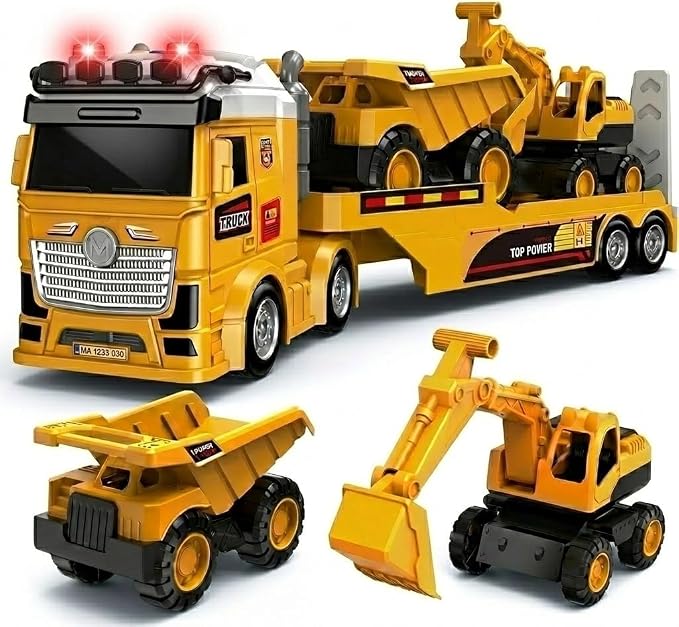Toddler Boy Toys for Ages 3 4 5 6 7 8 Years Old, 25" Large Construction Carrier Truck Toy Excavator and Dump Truck, Friction Powered Vehicle with Lights & Sounds, Birthday Gift for Boys Girls