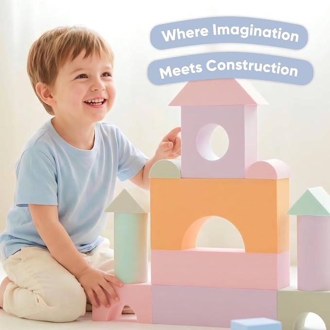 34 Large Foam Blocks for Toddlers - Pastel Stacking Soft Blocks for Kids | 34 jumbo soft EVA foam blocks in pastel colors - stack, build and float in the bath. Storage bag included. Non-toxic, ages 3+