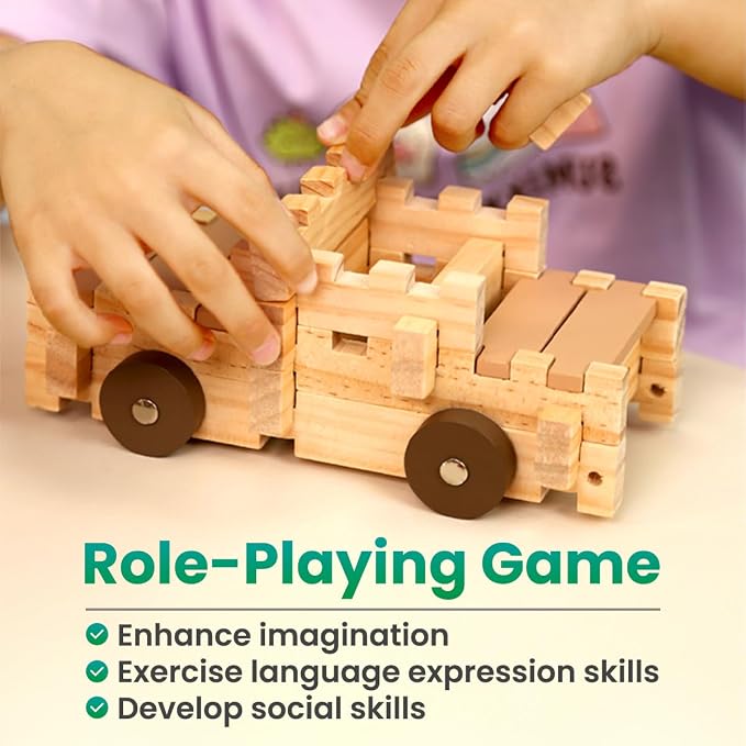 Jovi-mindly＆Notchies C117PCS Wooden Blocks Car Set Wooden Blocks with Wheels＆Vehicle Stickers|Preschool Learning Toys Wood Blocks Building for Kids Ages 3+ Creative Construction Birthday Toys Gifts