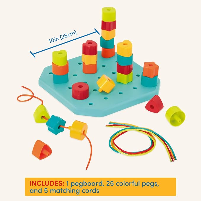 Battat Toddler, Count & Match Stacking Pegboard Toy | 31-piece set with 1 pegboard, 25 colorful pegs, and 5 matching cords for stacking, lacing, counting, and matching, 2+ Years