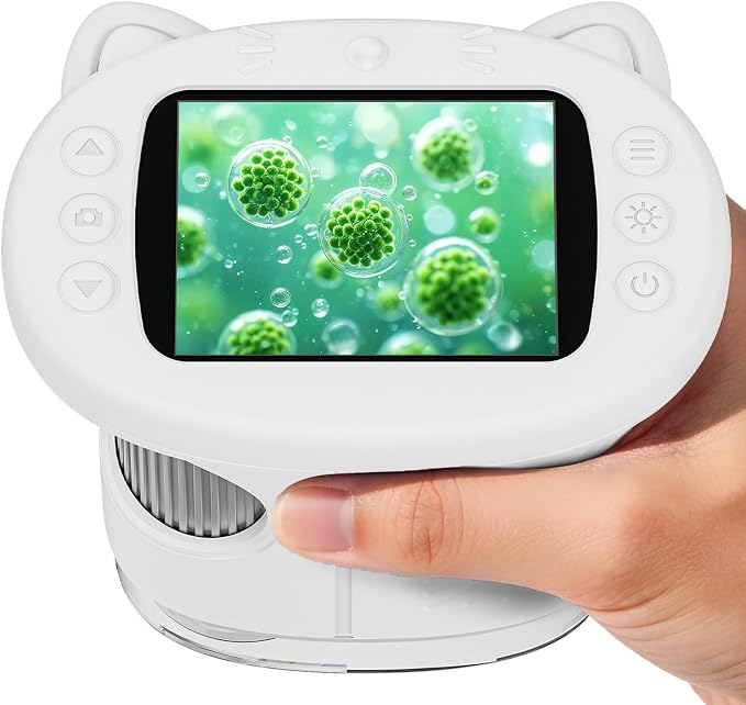 SEEKID Kids Microscope,1000X Handheld Digital Microscope (White) | 2.4" IPS Screen | Rechargeable Handheld | 8 LED Lights | STEM Toy for Exploring Science | Ages 5–12