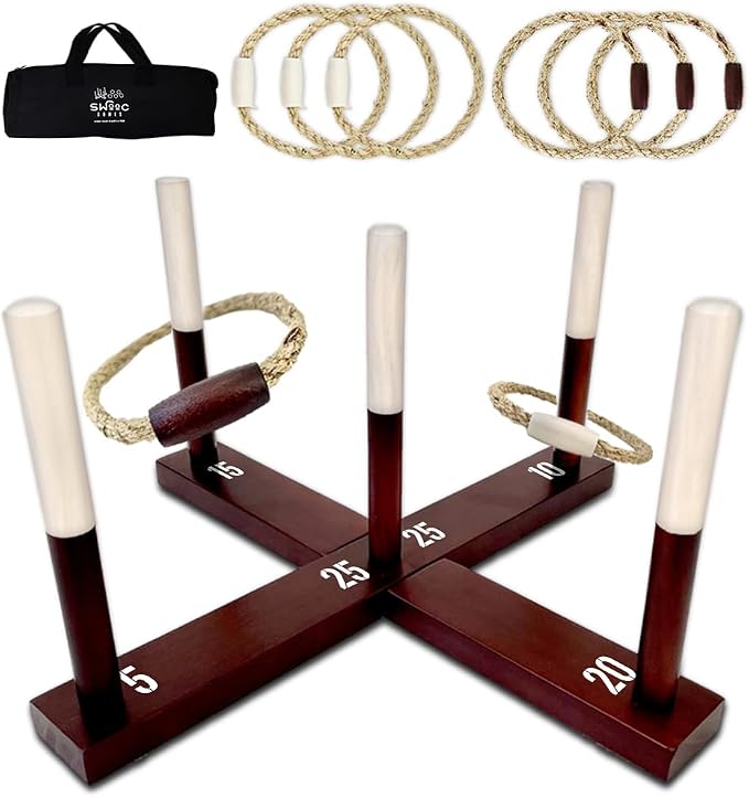 Swooc Games - Rustic Ring Toss Game (All Weather) - Easy Setup & Extra Games Included - Ring Toss Game for Adults - Outdoor Activities for Adults - Yard Toys for Kids - Backyard Fun - Outdoor Party