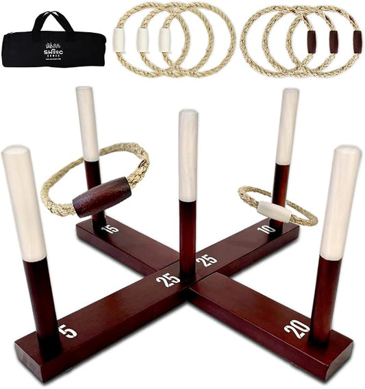 Swooc Games - Rustic Ring Toss Game (All Weather) - Easy Setup & Extra Games Included - Ring Toss Game for Adults - Outdoor Activities for Adults - Yard Toys for Kids - Backyard Fun - Outdoor Party
