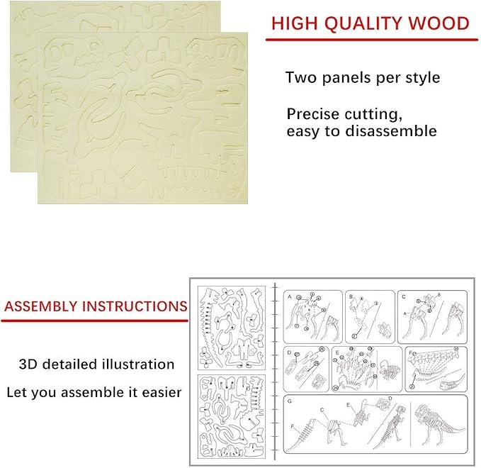 3D Wooden Dinosaur Puzzle, 3 Piece Set Wood Dino Skeleton Model Puzzle | Wooden Crafts Assembly 3D Puzzle, STEM DIY Brain Teaser Puzzle