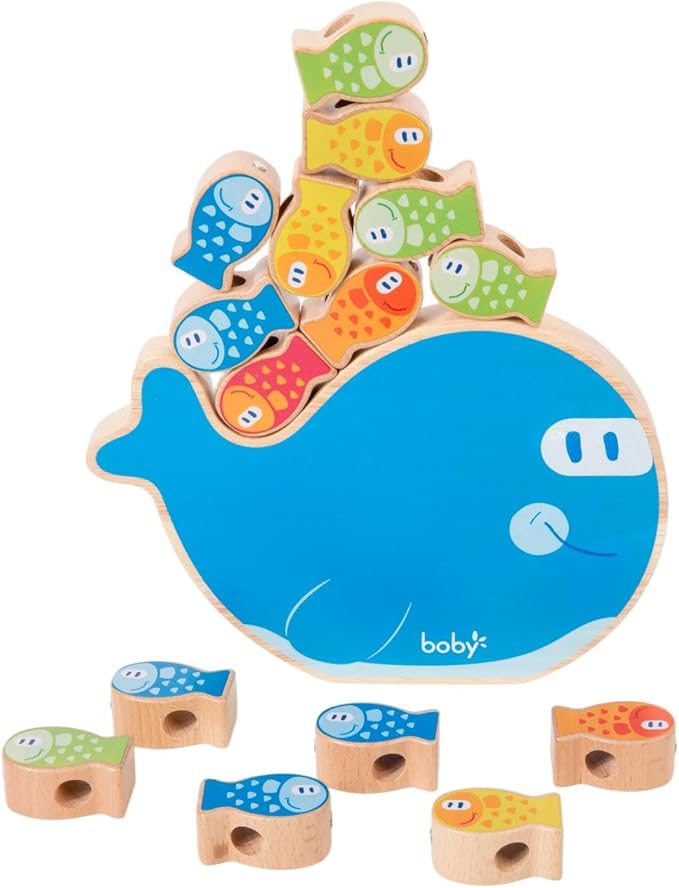 Montessori 4-in-1 Wooden Fish Stacking Toy for Toddlers 3-5, Magnetic Fishing Game—Lacing Beads, Fish Counting, Color Sorting, Balance Toys, Preschool Learning Set for Kids Boys & Girls