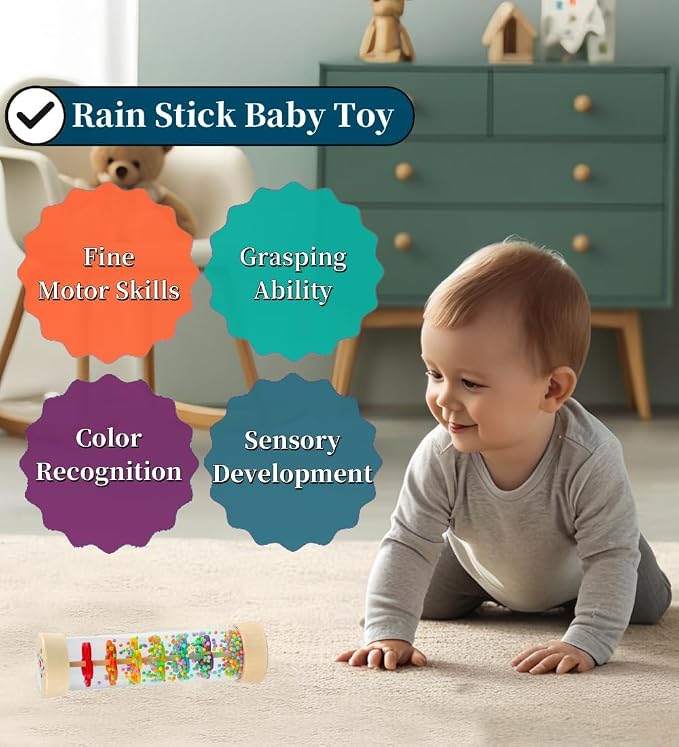 Oneshow Rain Sticks for Kids, Wooden Montessori Toys for Baby 12+ Months | Rainmaker, Rain Stick Baby Rattle Sensory Development Toys with Calming Rain Sounds Gifts for 1-3 Year Old Toddler 7.7"& 3.7"