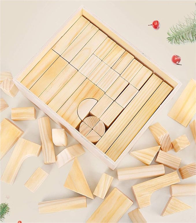 Large Wooden Blocks for Toddlers 1-3, 64Pcs Big Wood Building Blocks Set | Wooden Storage Box, Large Toddler Blocks Building and Stacking Toys Construction Set, Natural Child Safe Solid Wood Blocks