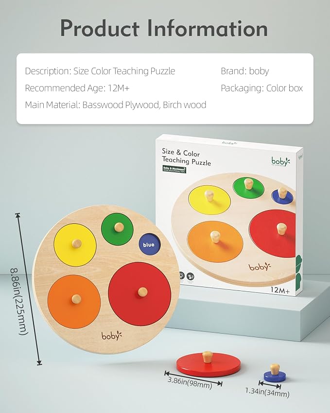 BOBY Montessori Wooden Shape & Size Puzzle for Toddlers 1-3, Large Easy-Grip Knobs, Color Sorting Learning Toy, Safe Thickened Wood Peg Puzzle for Baby Boys Girls (Multiple Circle Puzzles)