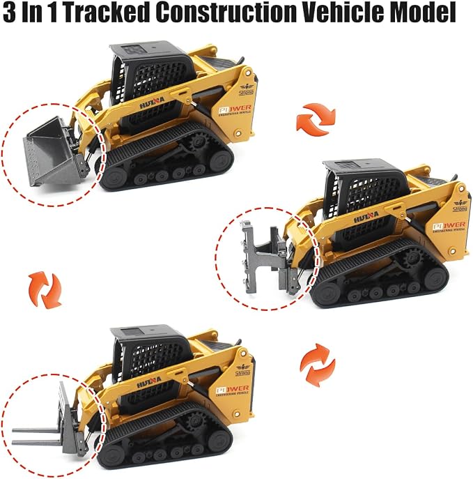Mostop Construction Truck Toy 3 in 1 Skid Steer Loader with Metal Forklift and Grab Shovel Construction Vehicle, 1/50 Tracked Metal Forklift Truck Toy for Kids Boys Ages 3+