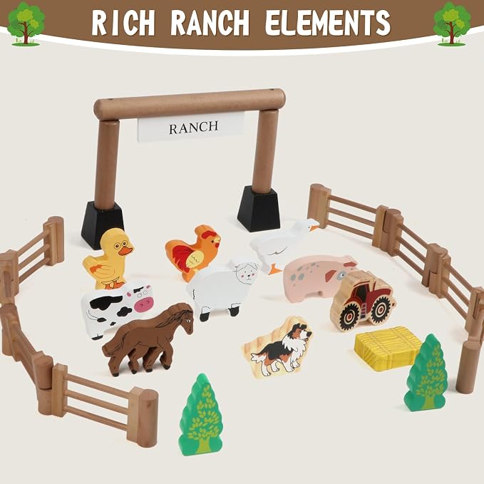 Wondertoys 164 Pcs Wooden Log Set Ranch Real Wood Logs Classic Building Log Ages 3+ Best Retro Farm Building Gift Set Creative Construction Engineering Educational Gifts