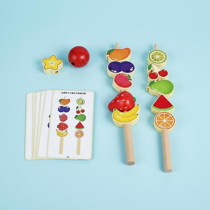Children Cognitive Game Educational Toy Fruit Skewer Threading Game Stacking Blocks Lacing Beads Wooden Material for Early Learning Fine Motor Skills, BBQ Meat Skewers