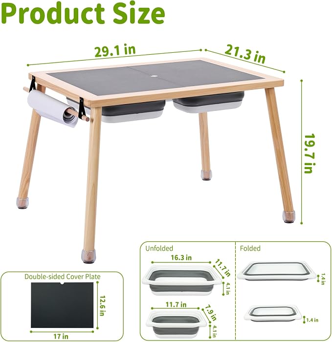 Sensory Table for Toddlers Kids, Wooden Activity Table for Play Study Paper Roll Holder Indoor/Outdoor Montessori Play Sand and Water Table with Foldable Toys Storage Bins