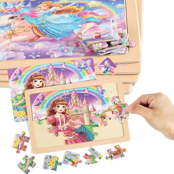 jWooden Puzzle for Kids 4-6 Years Old, 4 Pack of 24 Pieces Unicorn Princess Fairy Puzzle, Preschool Education Brain Teaser Toy for 3 4 5 6 Year Old Girls.