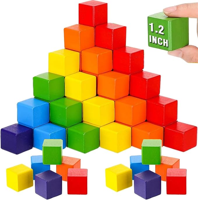Libima 100 Pcs 1.2 Inch Wooden Building Blocks Stacking Game, Rainbow Wood Blocks Set Square Colorful Wooden Cubes Counting Large Learning Educational Toys for Math Boys Girls