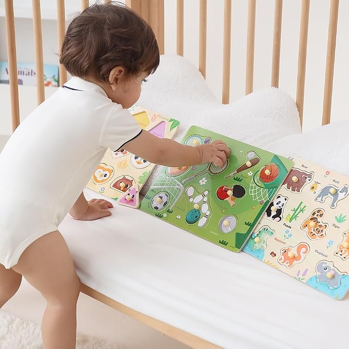 GRINNNIE 9 Pack Montessori Toddler Puzzle for 3 4 5 Years Old, Wooden Learning Puzzle for Toddlers 3-5, Animal, Alphabet, Number, Shape Peg Puzzles Set, Great Birthday for Boys Girls
