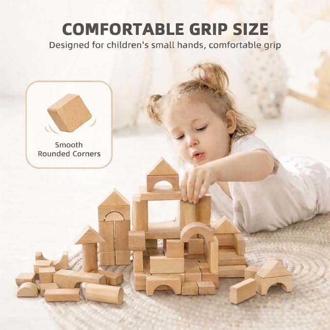 100 Pcs Wooden Blocks for Toddlers 1-3, Kids Building Blocks & Shape Sorter | Natural Beech Wood - Bucket for Easy Storage - Montessori Toys for 1 2 3 Year Old, Learning Toys for Preschool Girls and Boys