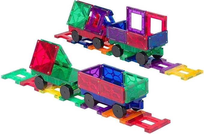 Playmags Magnetic Car Set (4 Pieces) - Strong Magnet Car Bases for Magnetic Tiles, STEM Building Toy Accessories for Kids, Compatible with Magnetic Blocks, Durable Wheels