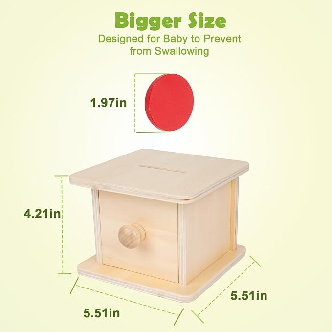 Adena Montessori Wooden Coin Box with Drawer Object Permanence 6-12 Months | Red yellow blue coins. Premium wood smooth. Explore opening and closing and inserting coins. Learning gift.