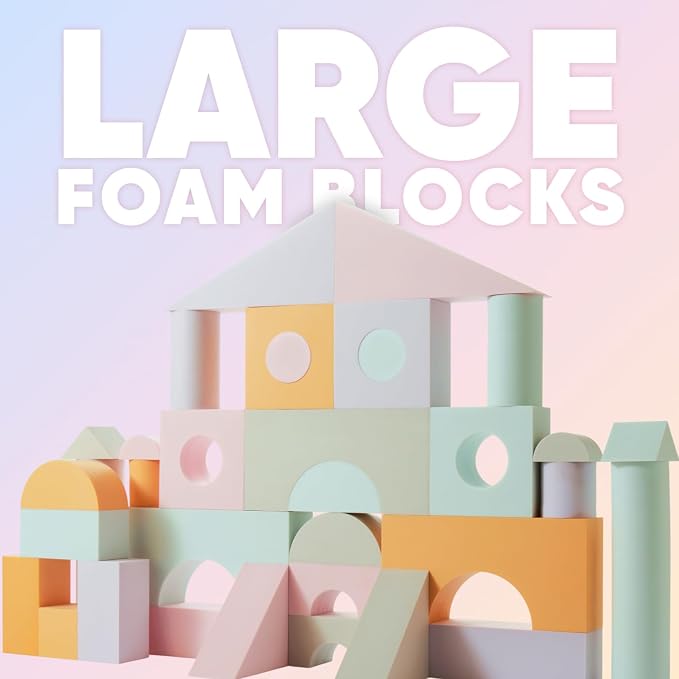 34 Large Foam Blocks for Toddlers - Pastel Stacking Soft Blocks for Kids | 34 jumbo soft EVA foam blocks in pastel colors - stack, build and float in the bath. Storage bag included. Non-toxic, ages 3+