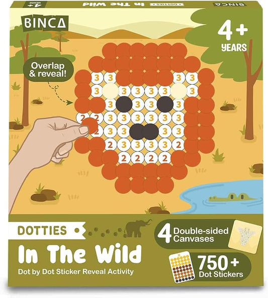 BINCA Dotties Dot Art Activity Kit, 750+ Stickers, Wild Animals Mess-Free Activities, DIY Dot Sticker Art, Kids Travel Activities, Gifts for Boys & Girls Ages 4,5,6,7