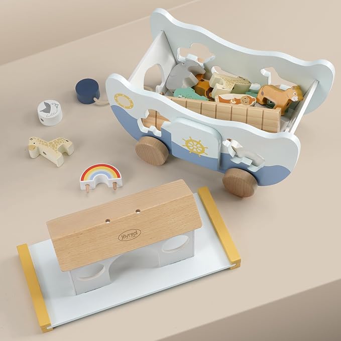 Joyreal Wooden Noah's Ark Toy for 1 Year Old Baby Boy and Girl Baptism Gift | Neutral Color, Montessori Educational Toy, Animal Shape Sorter, Christian Toys for Toddler 1-3, Christmas Birthday Gift