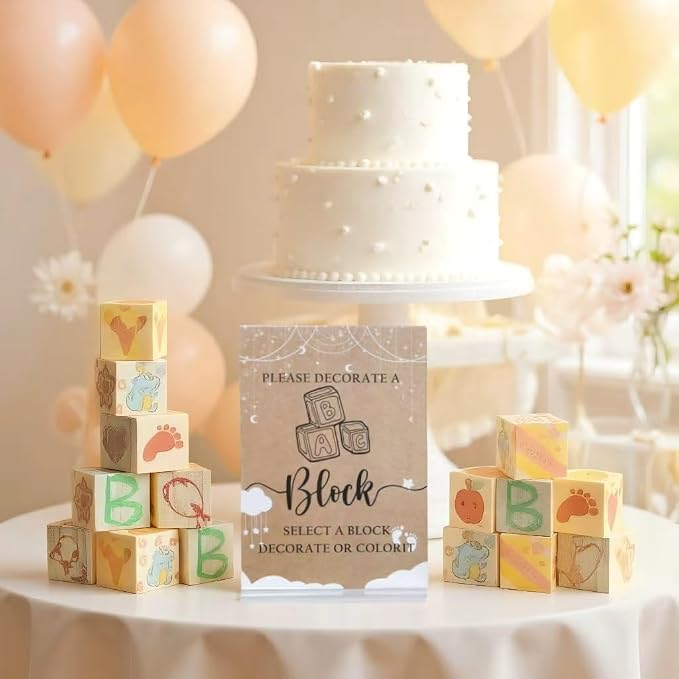 156-Piece Baby Shower Building Block Game Set, featuring 58 plain wooden blocks, 48 markers, 48 templates, 1 game instruction card, and 1 storage box—specially designed for parties (Floral Theme)
