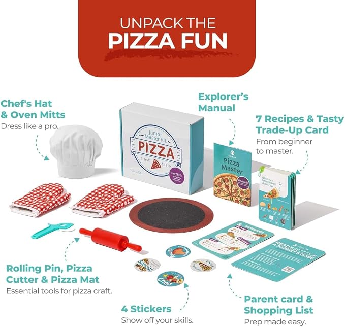 Kids Pizza Making Kit | Real Reusable Chef Tools | Ages 5-12 | Silicone Baking Mat Rolling Pin Pizza Cutter | Oven Mitts Chef Hat | 7 Visual Recipe Cards | Family Fun Birthday Gift