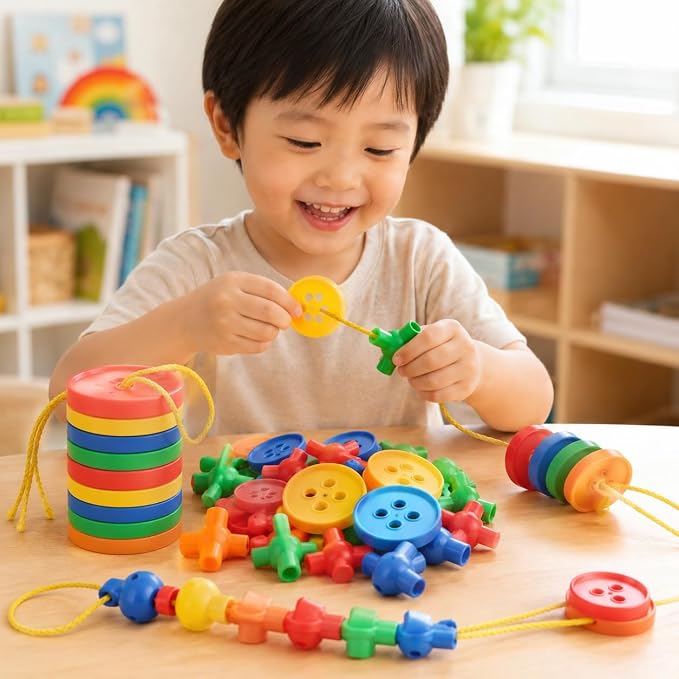40 Pcs Big Bright Craft Buttons Stacking Toy Plastic Assorted Vivid Button Colors Geometric Shaped Buttons Colorful Large Beads Button Lacing Threading for Arts DIY Crafts Projects