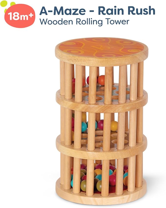 B. toys Rainmaker Toy, A-Maze Rain Rush Wooden Rolling Tower Toy, Wood Toys | Wooden rainmaker with 42 colorful wooden marbles to flip, roll, watch, and hear; sensory play for toddlers; 18+ Months
