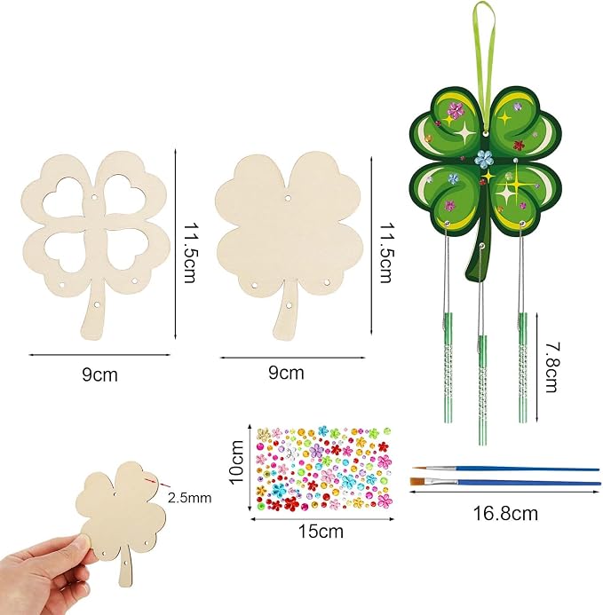 Fennoral 10 Pack St. Patricks Day Shamrock Wind Chime Kit for Kids Make You Own Four Leaf Clover Wind Chimes St Patricks Day Wooden Ornaments for Kids Art and Craft St.Patrick's Day Party Decoration