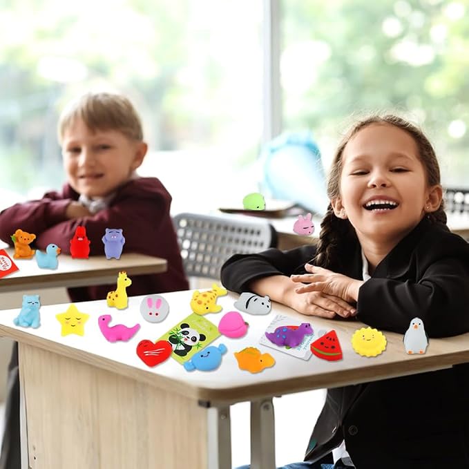 Squishy Toys for Kids, 28 Pack Mini Mochi Squishies and Cards | Soft Fidget Toys Goodie Bag Stuffers Party Favors for Kids Treasure Box Classroom Prizes