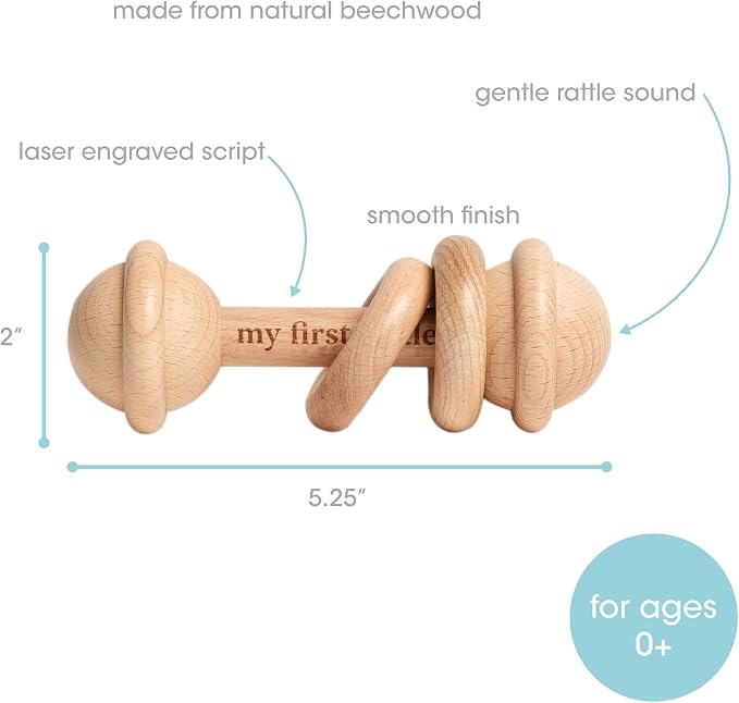Pearhead Wooden My First Rattle and Teether, Baby Sensory Toy | Laser-Engraved Keepsake, Natural Beechwood, Easy-Grip Design, Fine Motor Skills, Newborn Tummy Time, New Parent Gift, Ages 0+